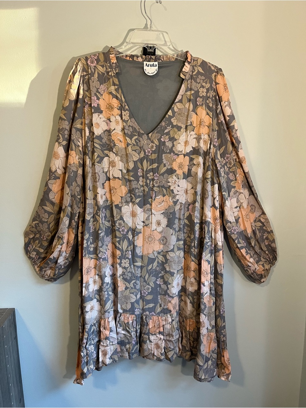 ARULA Gray & Orange Floral V-Neck Long Sleeve Dress